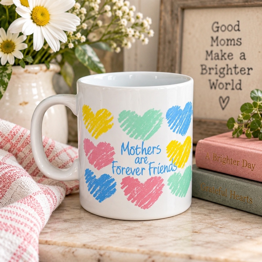 Vintage B of A Inc Mothers are Forever Friends Coffee Mug Hearts Pastel 45085